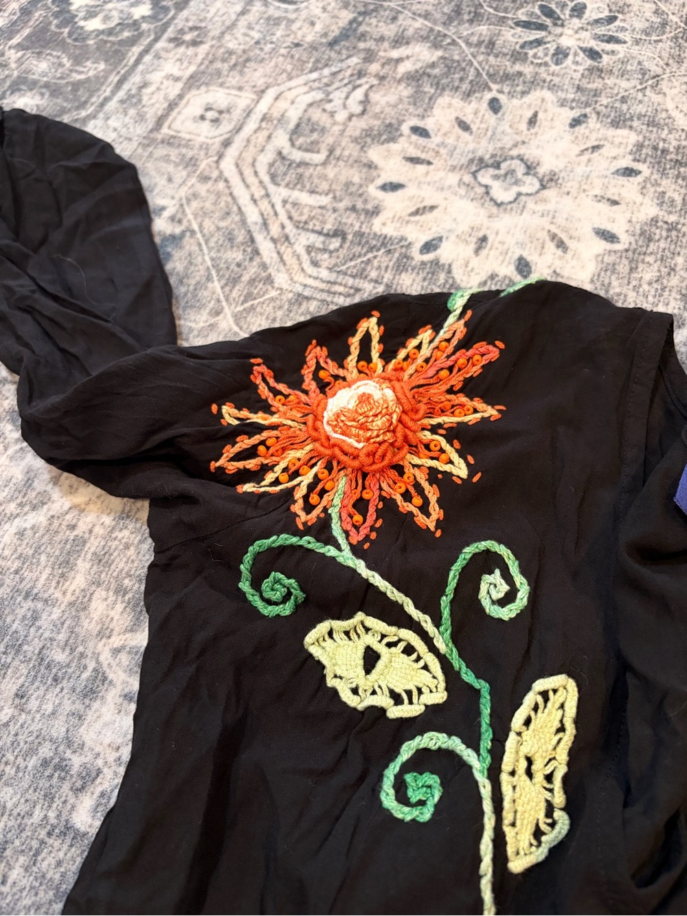 Black Embroidered V-Neck Midi Dress with Floral Accents - Picture 2 of 4